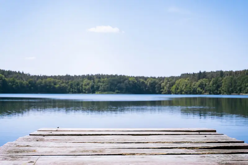 Träbrygga vid en sjö på Mecklenburgska sjöplatån