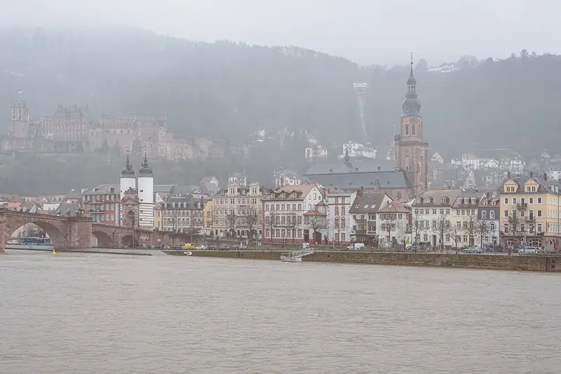 Heidelbergs slott ovanför den gamla staden och Neckar i dimma